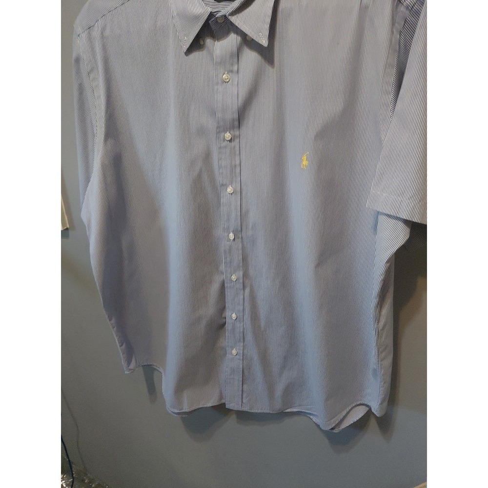 Ralph Lauren Button Down Short Sleeve Mens 2XB Blue Striped Yellow Pony Lightwei